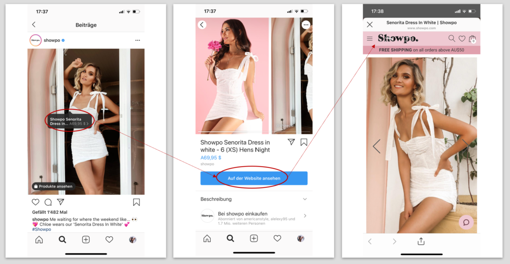 Shoppable Post von Showpo (Überleitung von Instagram zum Webshop).
